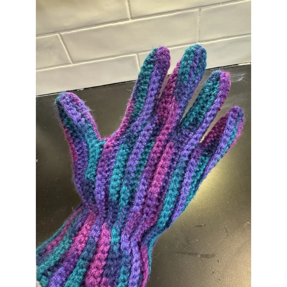 Purple with‎ green pink stripe winter knit home Gloves Handmade